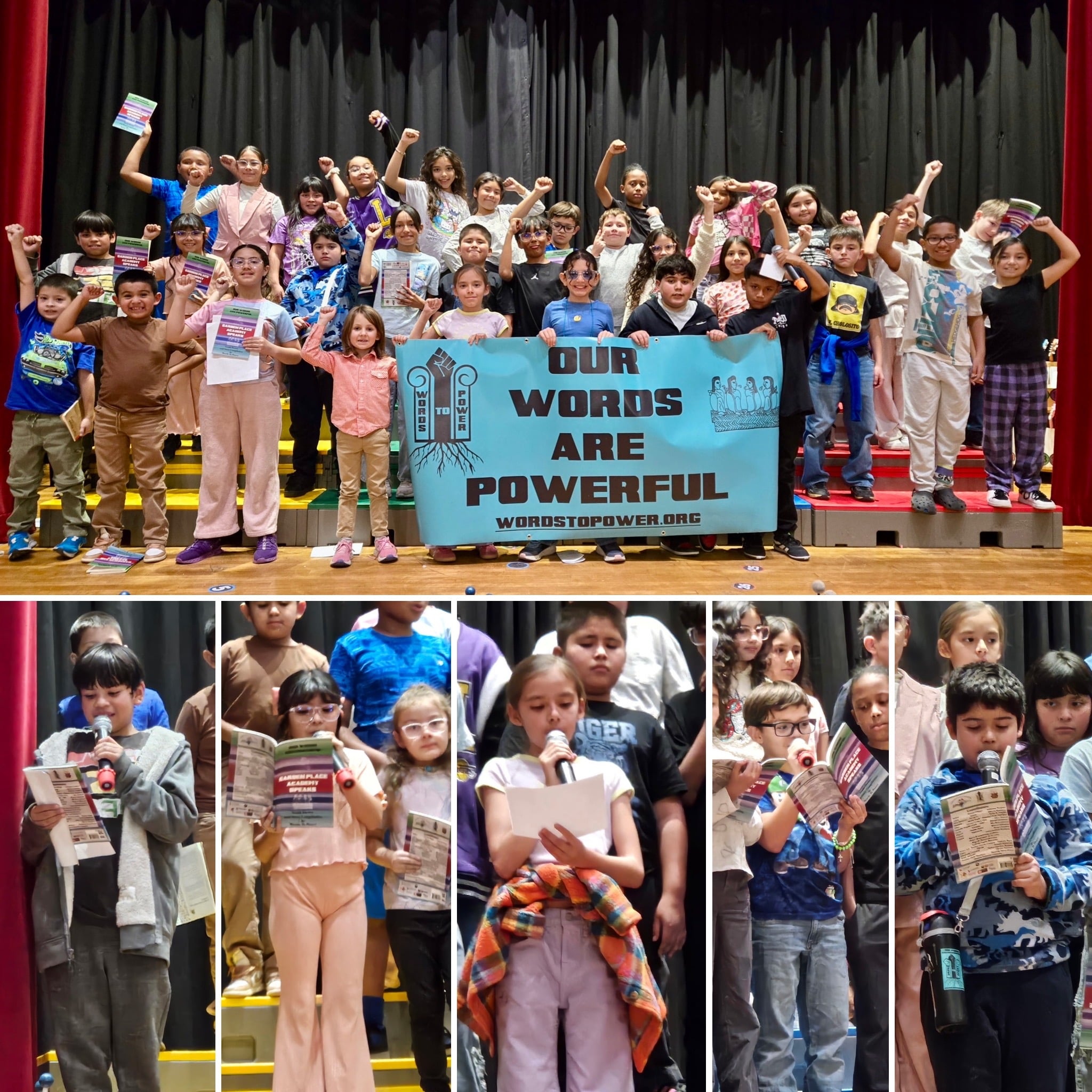 Garden Place 2025 Photos of elementary school students reading their poem in front of peers plus group photo