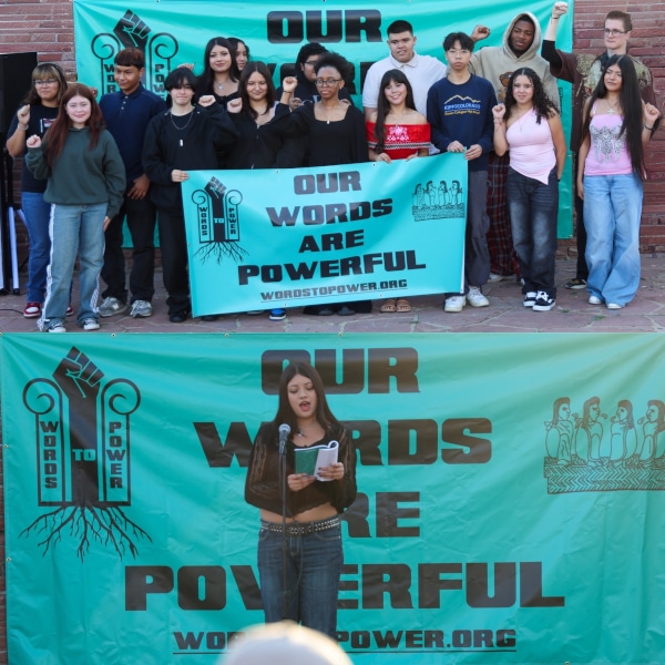 HSshowcaseReduced Photos of high school poets at our book release event (reading poem and as a group)