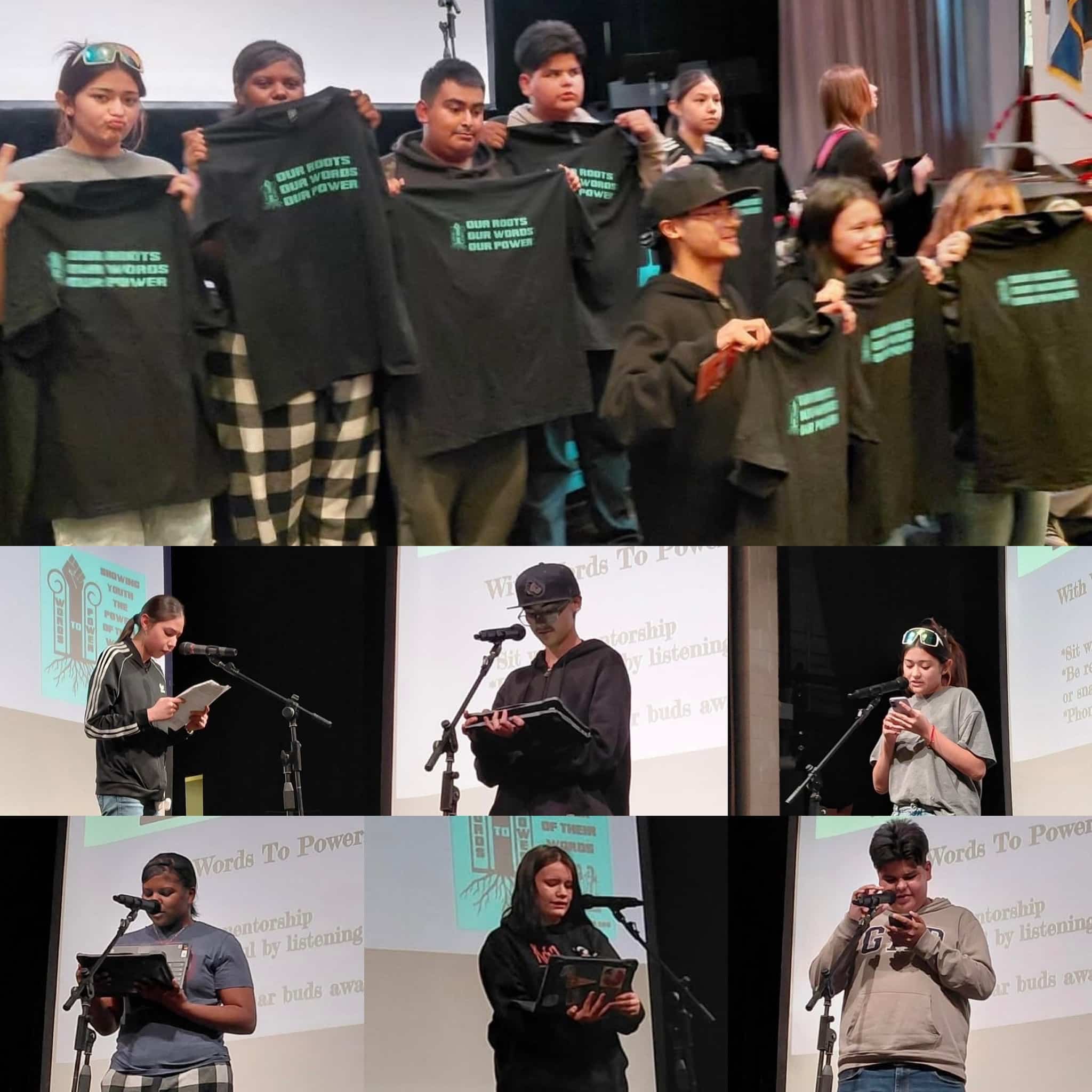 Jefferson2025 Photos of high school students reading their poem in front of peers plus group photo